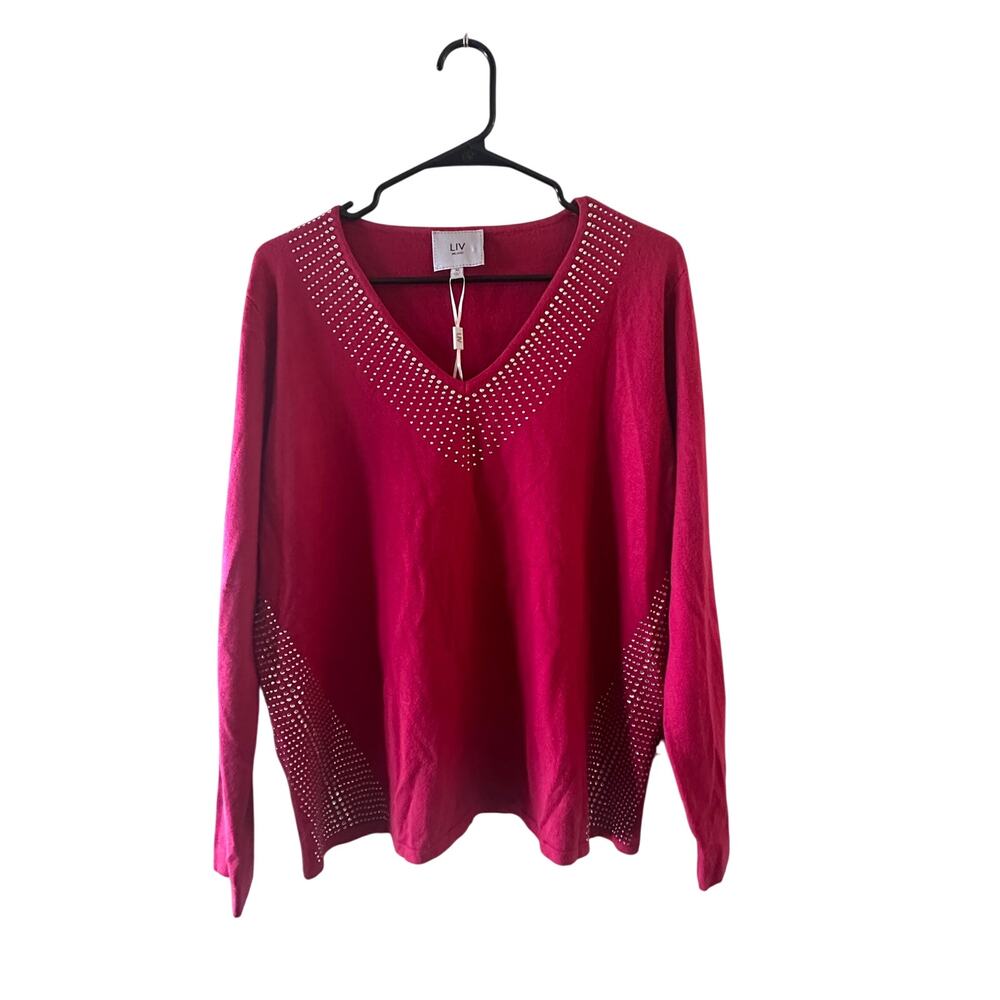 Liv Milano Pink Magenta Jeweled V-Neck Sweater Women Sz XL